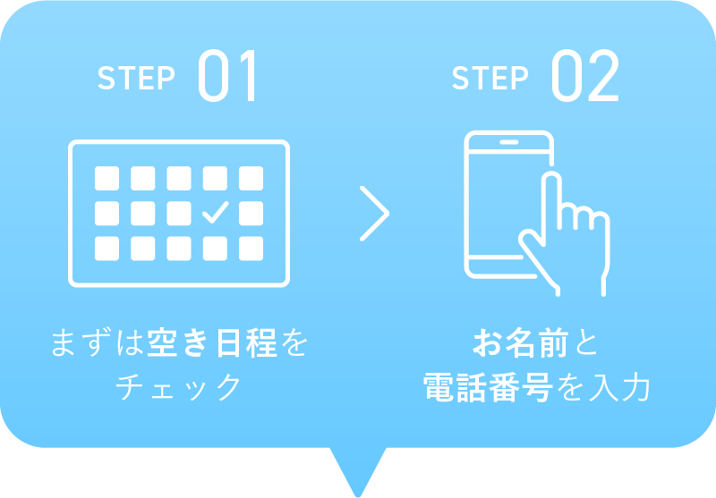 STEP01 まずは空き日程をチェック。STEP02 STEP02お名前と電話番号を入力